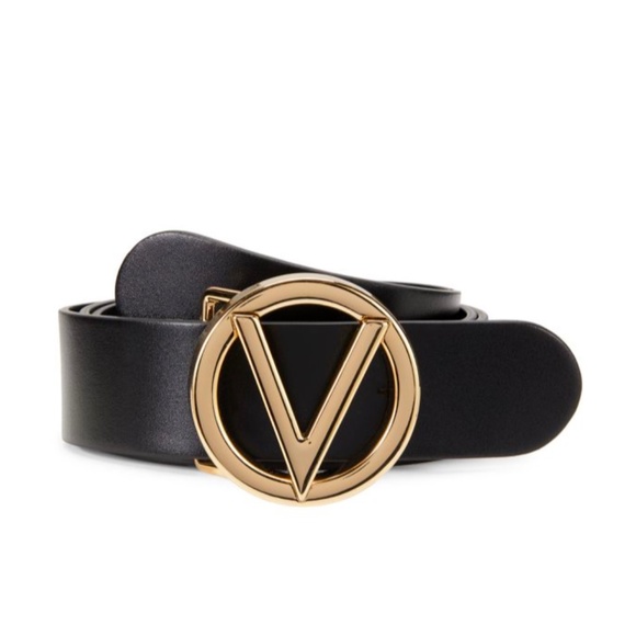 Valentino By Mario Valentino Croc Embossed V-Logo Gold Black Leather Belt
